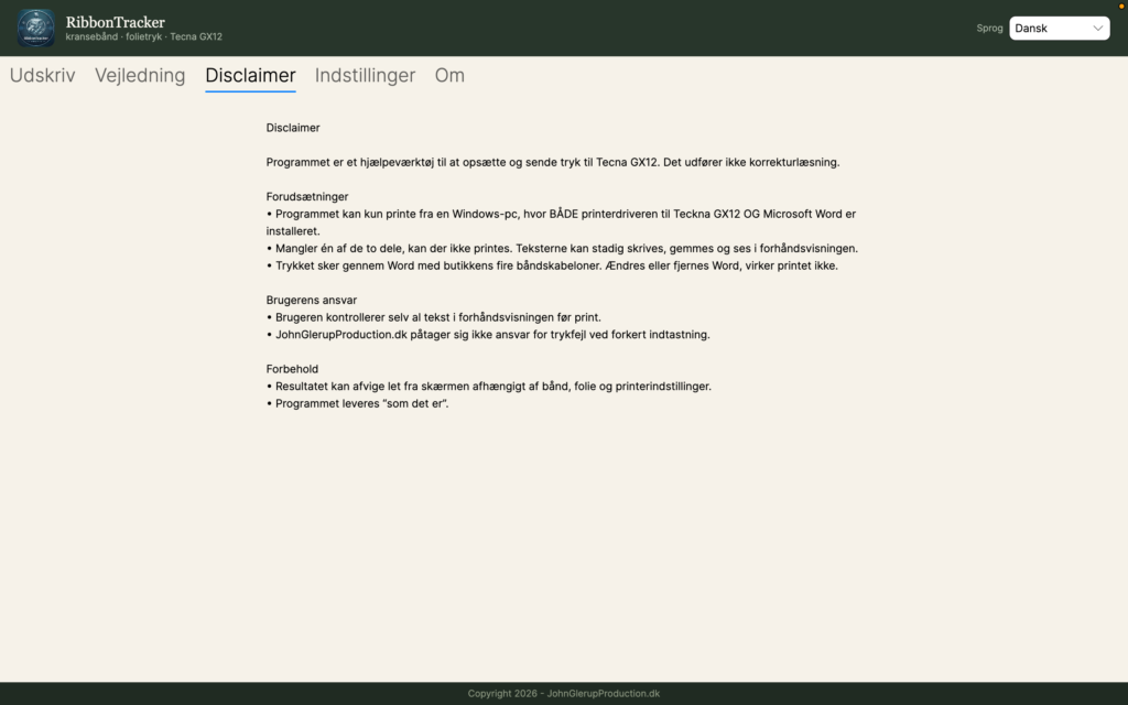 RibbonTracker, fanen Disclaimer med forudsætninger og forbehold