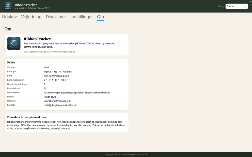 RibbonTracker, fanen Om med fakta om programmet